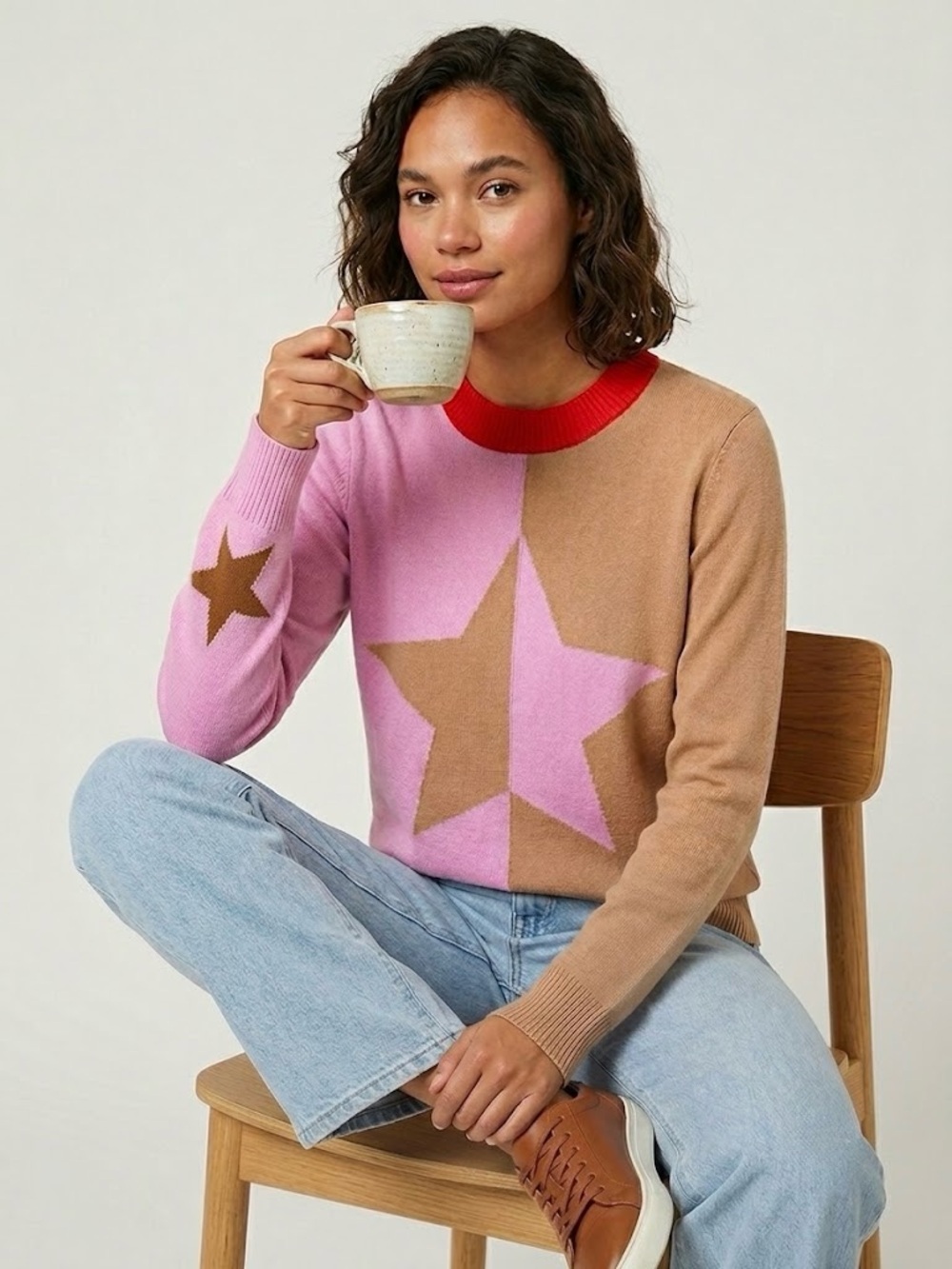 WISPR by Brodie Cashmere Colorblock Star Intarsia Crewneck Sweater XS Pink Tan